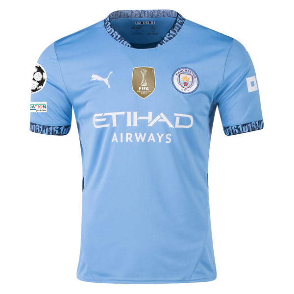 Puma Manchester City RÃºben Dias Home Jersey w/ Champions League + Club World Cup Patch 24/25 (Team Light Blue/Marine Blue)