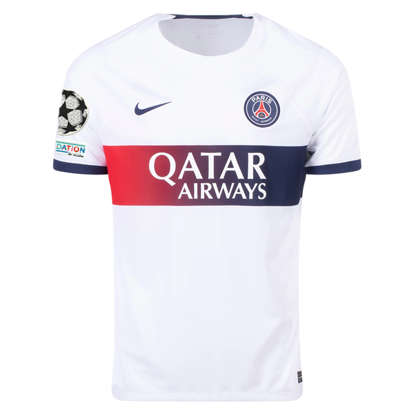 Nike Paris Saint-Germain Ousmane DembÃ©lÃ© Away Jersey w/ Champions League Patches 23/24 (White/Midnight Navy)