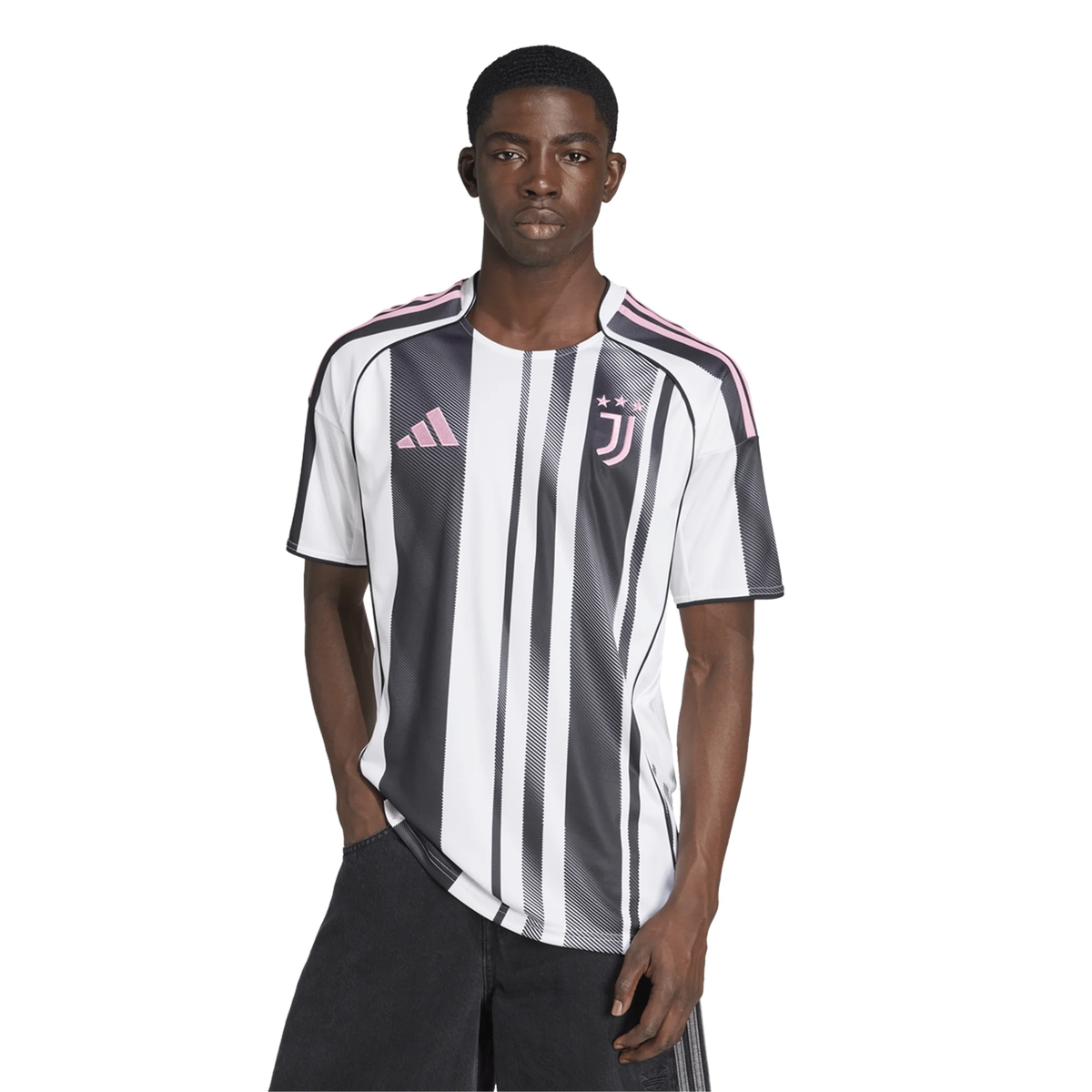 adidas Juventus J. David Home Jersey w/ Champions League Patches 25/26 (White/Black/Pink)