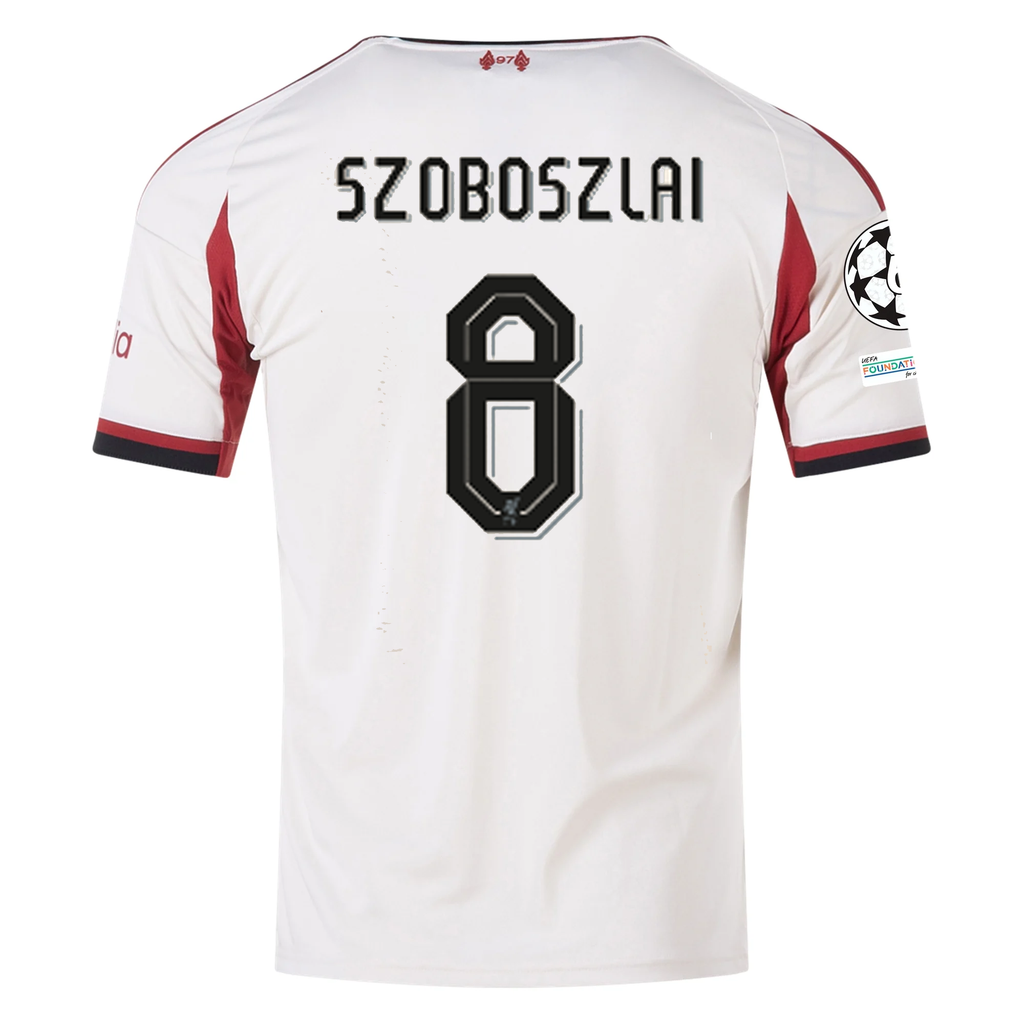 adidas Men's Liverpool Dominik Szoboszlai Away Jersey w/ Champions League Patches 25/26 (Wonder White)