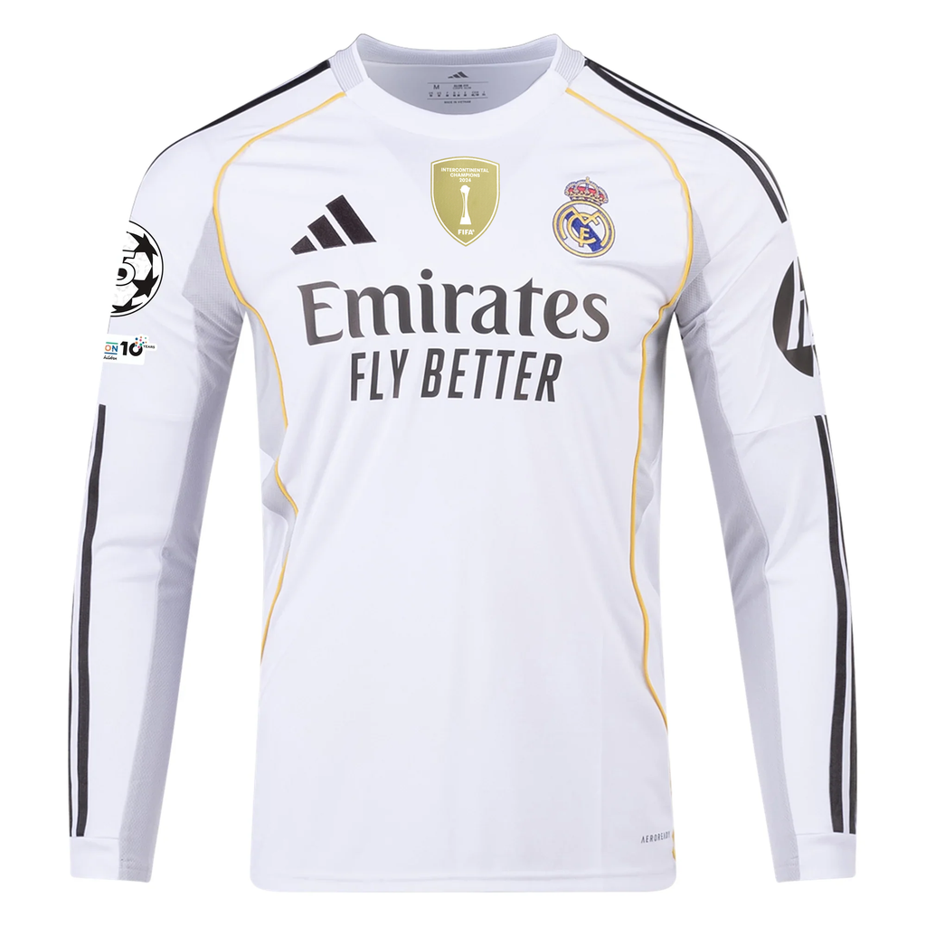 adidas Real Madrid Rudiger Long Sleeve Home Jersey w/ Intercontinental + Champions League Patches 25/26 (White)