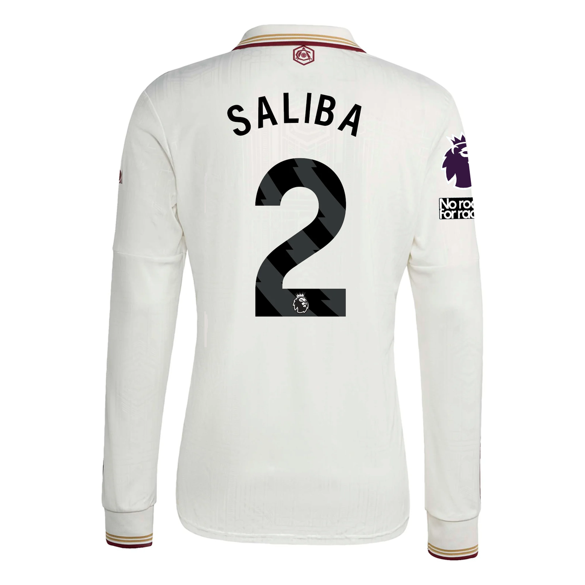 adidas Arsenal William Saliba Third Long Sleeve Jersey w/ EPL + No Room For Racism 25/26 (White/Burgundy)