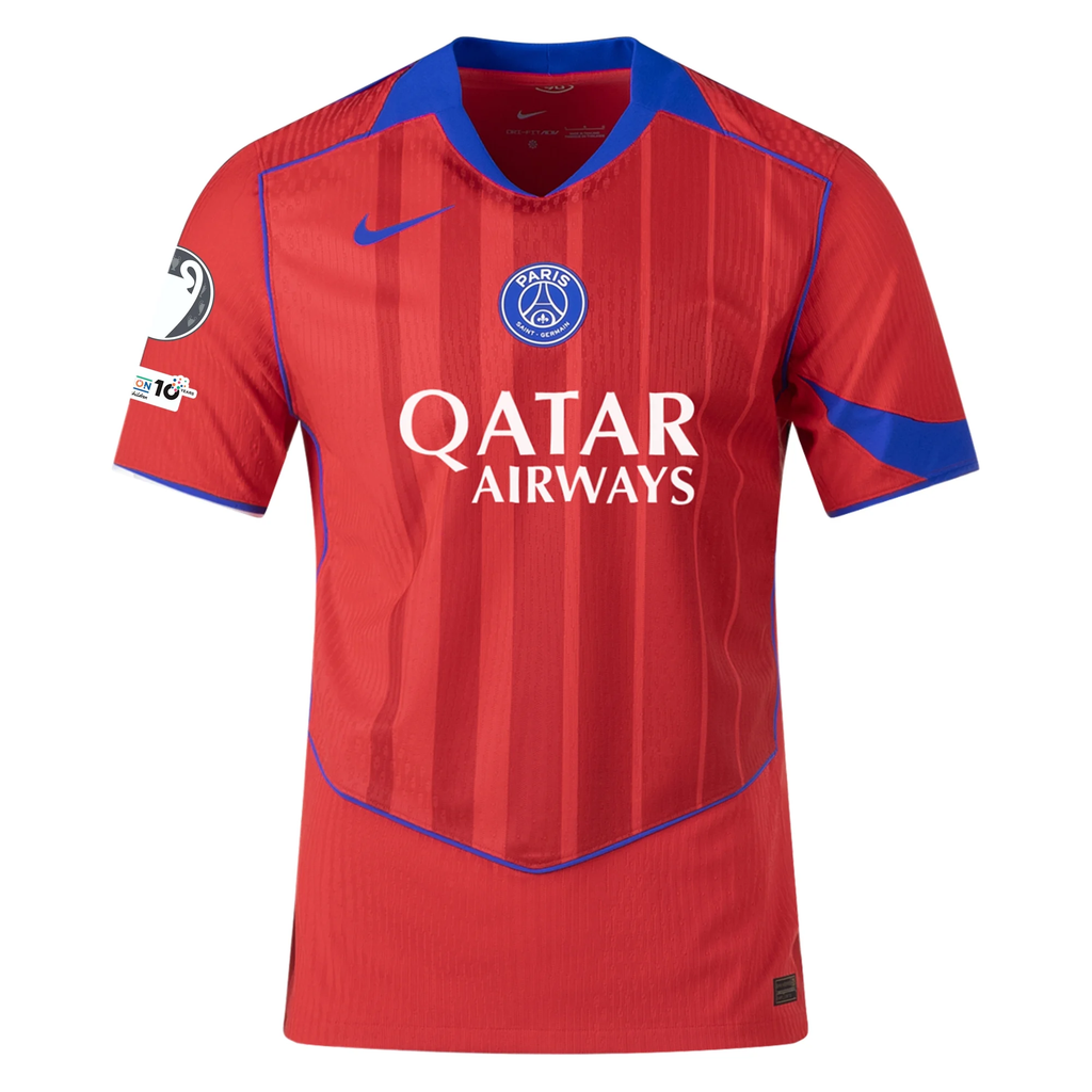 Nike Men's Paris Saint-Germain Authentic Ousmane DembÃ©lÃ© Third Jersey w/ Champions League Patches 25/26 (Sport Red/Hyper Royal)